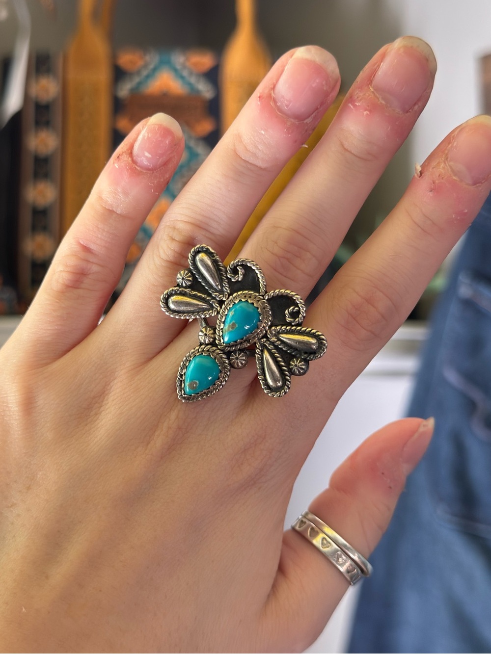 Vintage 925 Sterling Silver Kingman Turquoise Statement Dragonfly Ring | Sz 7.5